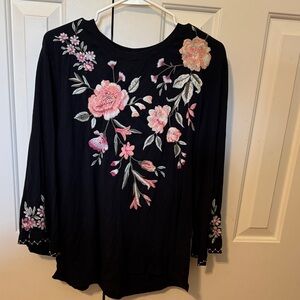 Johnny Was Black Top with Pink Floral Embroidery